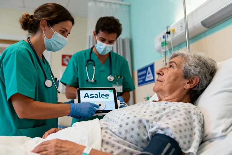 Deux médecins en blouse verte consultent une patiente âgée allongée, tenant un appareil portant le logo "Asalee".