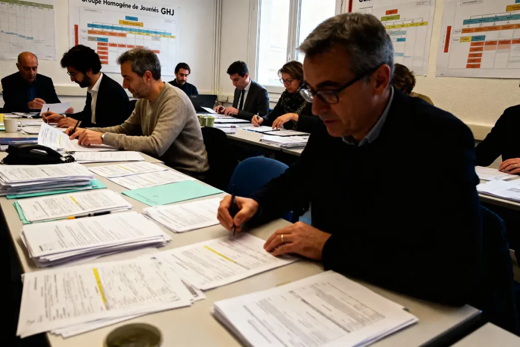 Des personnes travaillent à une table remplie de documents lors d'une réunion professionnelle.