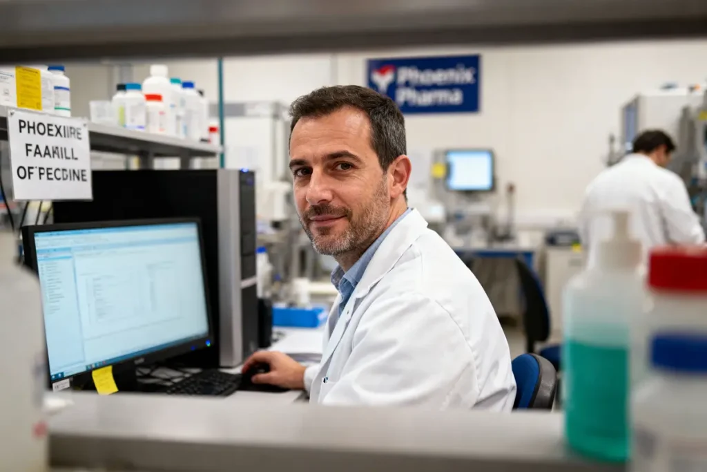 Homme dans un laboratoire pharmaceutique, assis devant un ordinateur, portant une blouse blanche. Environnement scientifique.