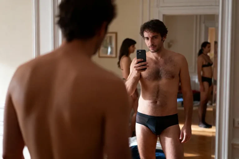 Homme en sous-vêtements se prenant en photo avec smartphone, femme floue en arrière-plan. Intérieur d'appartement.
