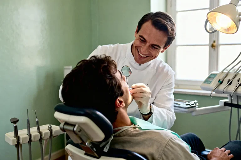 Dentiste souriant examine patient dans un fauteuil dentaire, dans un cabinet lumineux et équipé.