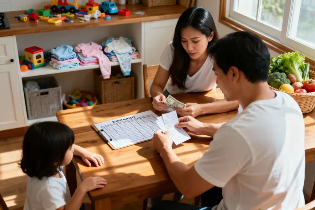 Famille discutant du budget à table, jouets et vêtements en arrière-plan, légumes sur le côté.