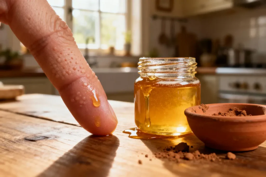 Doigt touchant du miel à côté d'un pot et bol de poudre, cuisine en arrière-plan.