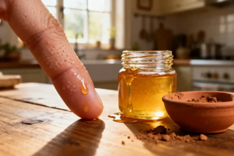 Doigt touchant du miel à côté d'un pot et bol de poudre, cuisine en arrière-plan.