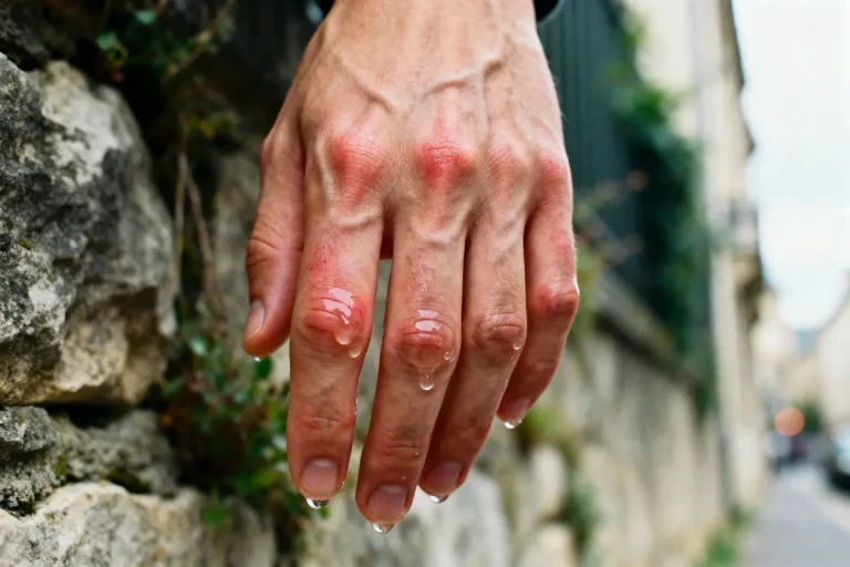 Main avec gouttes d'eau, peau rouge, veinée, près d'un mur en pierre, environnement extérieur flou.