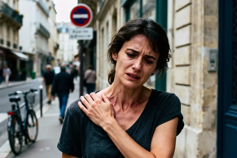 Femme inquiète touchant son épaule dans une rue urbaine animée, panneau de signalisation en arrière-plan.