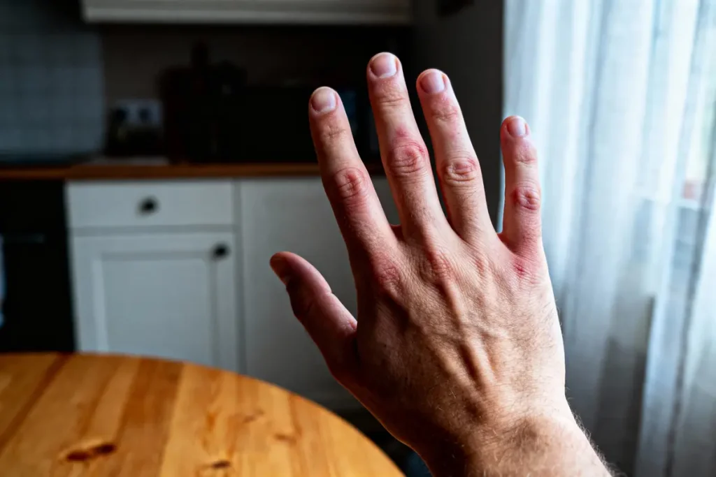 Une main tendue dans une cuisine, table en bois et fenêtre avec rideaux en arrière-plan.