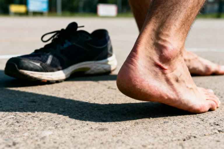 Pied nu avec ampoule sur le talon, chaussure de sport noire à côté, sur sol extérieur en béton.