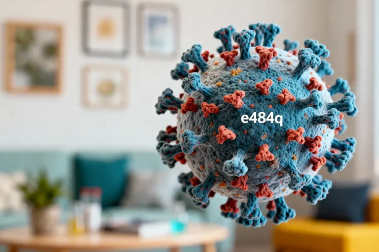 Illustration 3D d'un virus avec des motifs rouges et bleus, sur fond flou d'un intérieur moderne.