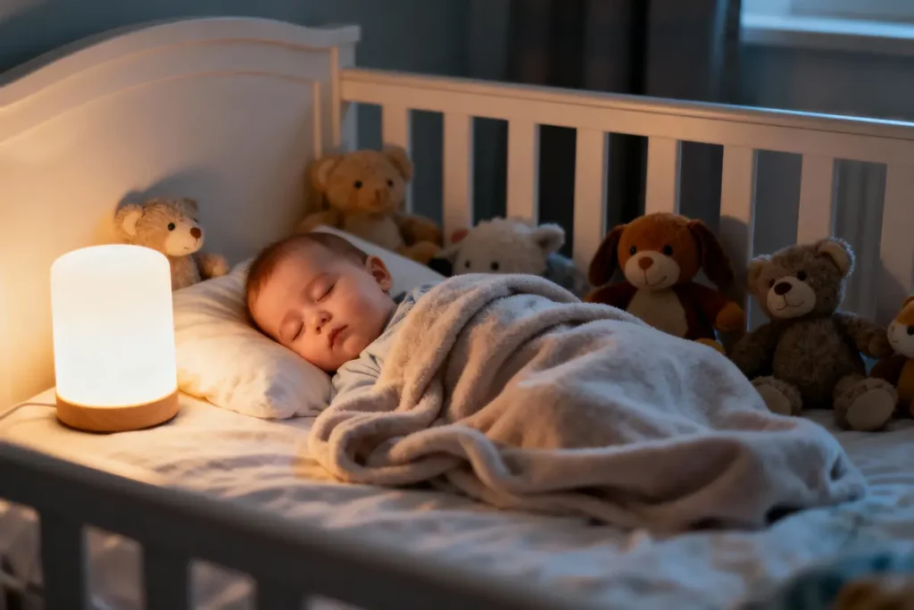 Bébé endormi dans un berceau, entouré de peluches, lumière douce éclaire la scène nocturne.