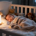 Bébé endormi dans un berceau, entouré de peluches, lumière douce éclaire la scène nocturne.