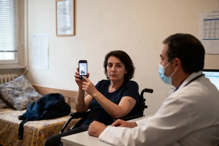 Femme en fauteuil roulant montrant téléphone à un médecin masqué dans une salle blanche avec fenêtre.