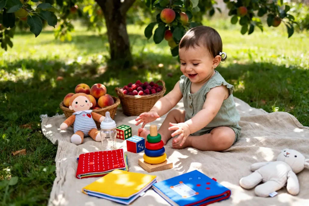 Bébé souriant jouant sur couverture avec jouets, fruits et poupées, entouré d'arbres fruitiers dans le jardin.