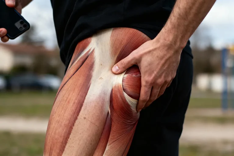 Personne en pantalon imprimé muscles, tenant un téléphone, en extérieur.