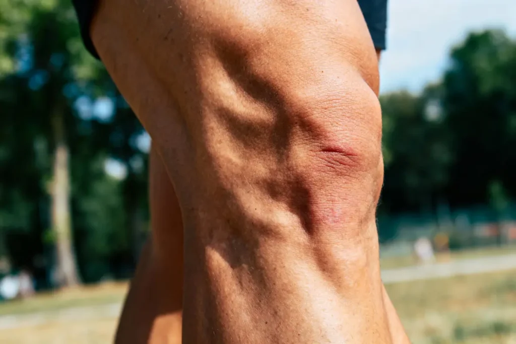 Gros plan sur un genou musclé et blessé, avec arrière-plan flou de parc verdoyant.