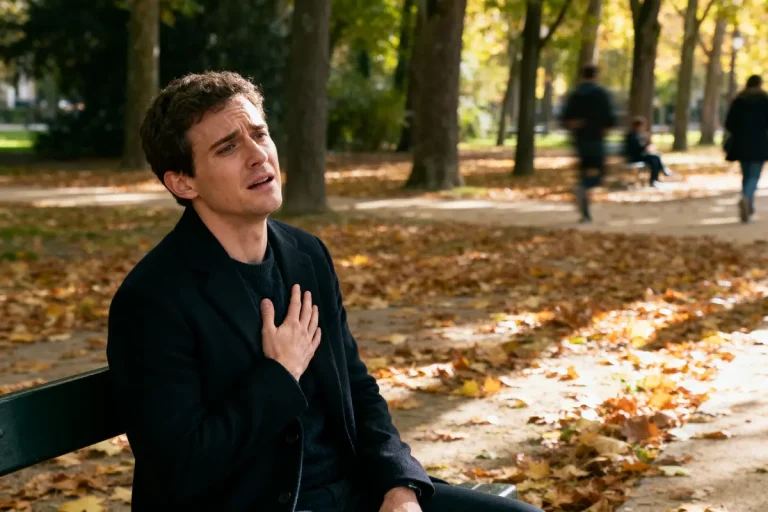 Homme assis sur un banc, main sur la poitrine, dans un parc couvert de feuilles d'automne.