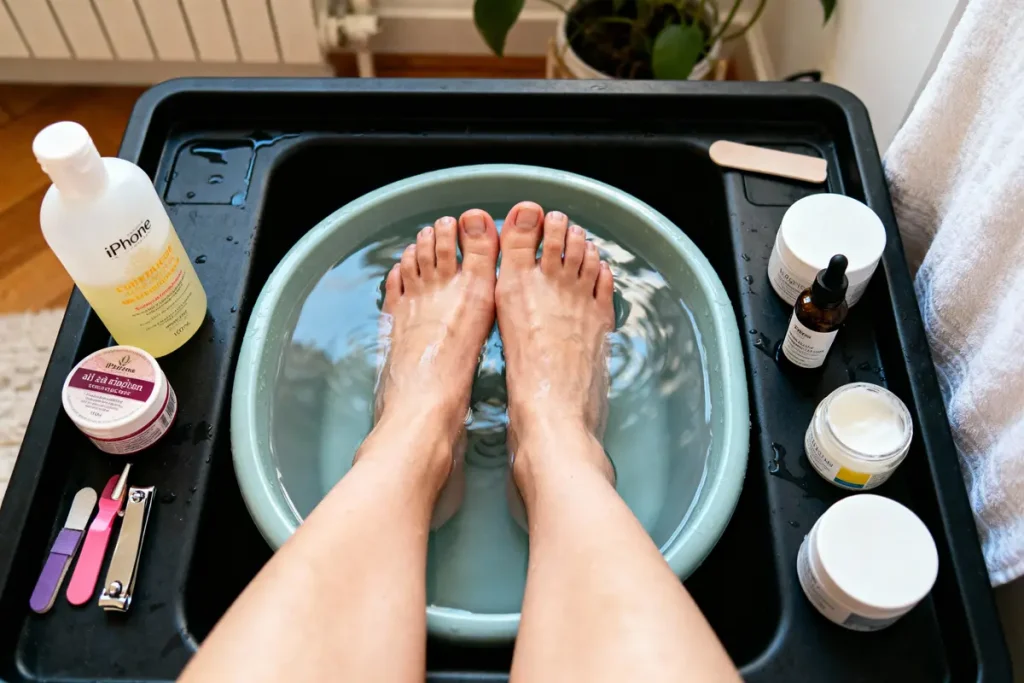 Pieds baignés dans une bassine d'eau, entourés de produits de soin et d'outils de pédicure.