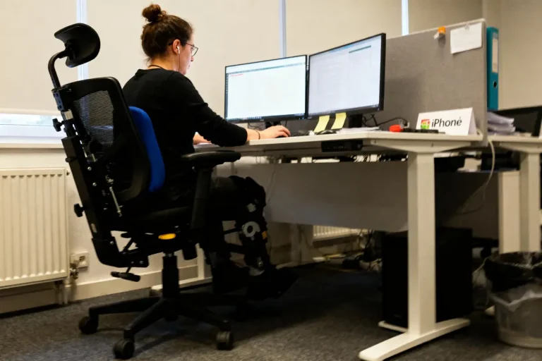 Personne travaillant à un bureau avec deux écrans, portant un exosquelette au niveau des jambes.