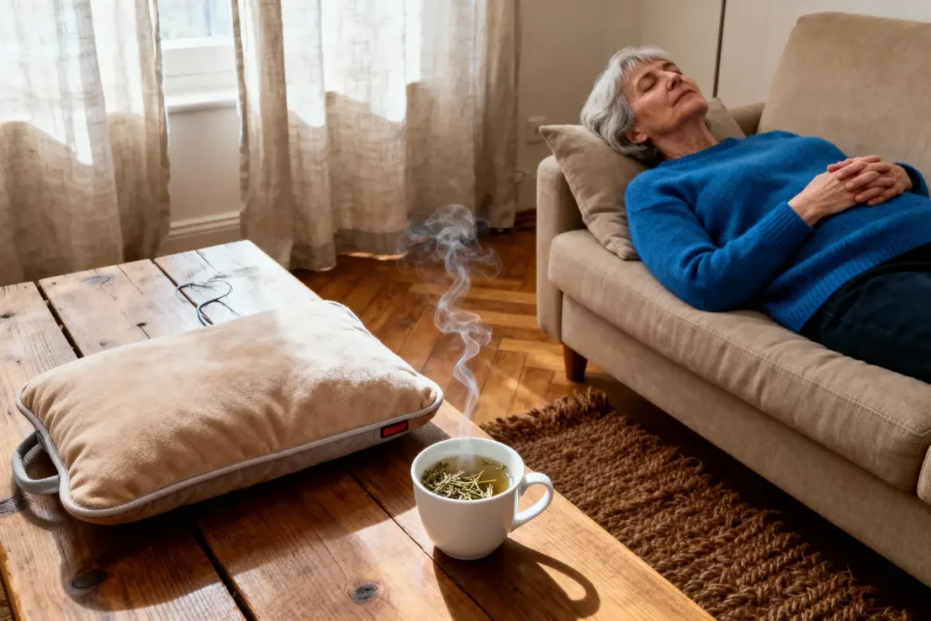 Personne âgée relaxant sur un canapé avec tisane fumante sur table en bois, intérieur paisible.