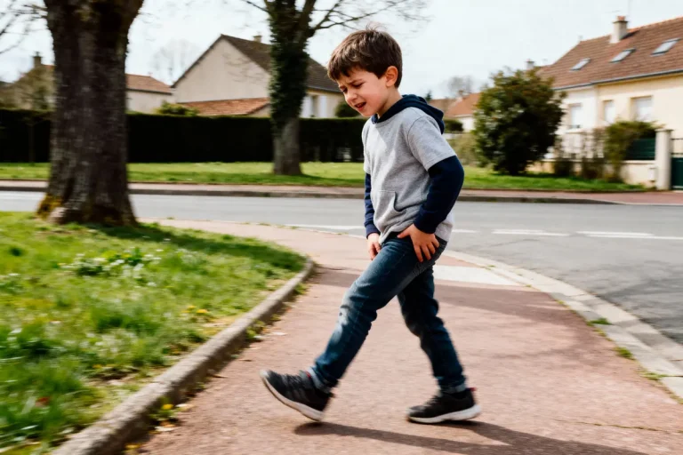 Enfant marchant sur un trottoir, portant hoodie gris, jean et baskets, maisons en arrière-plan.