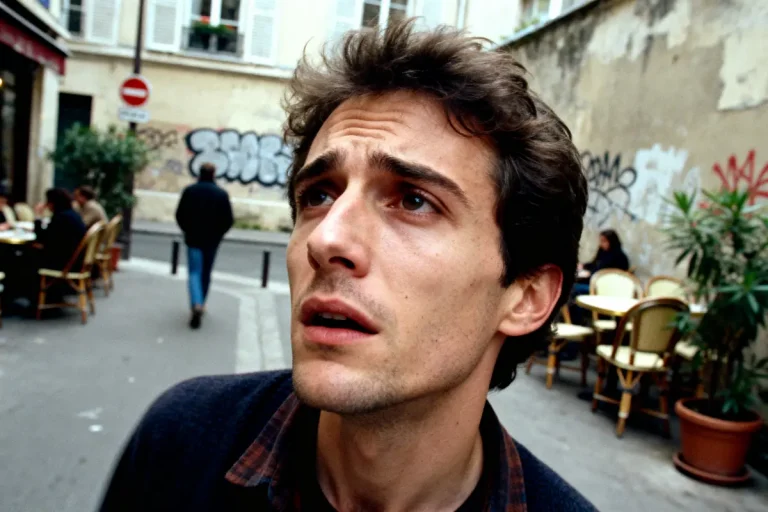 Homme concerné dans une rue, graffitis, café en arrière-plan, ambiance urbaine et décontractée.