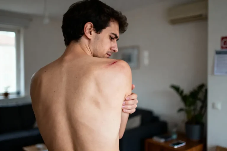 Un homme torse nu montre une égratignure à l'épaule dans un salon moderne.