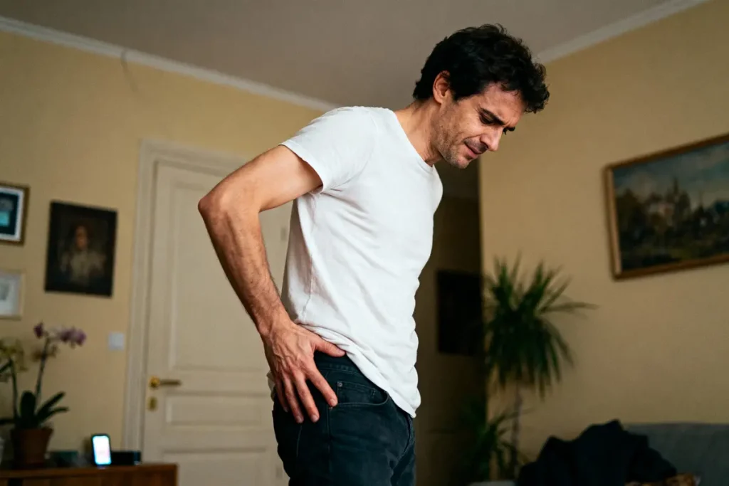 Homme en t-shirt blanc tenant son dos, semblant ressentir une douleur, dans un salon.
