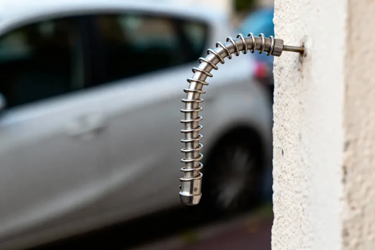 Câble flexible métallique sortant d'un mur, avec voiture floue en arrière-plan.
