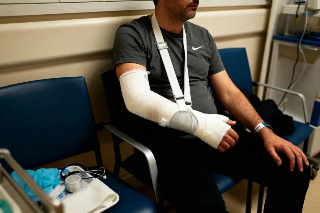 Homme assis dans une salle d'attente, bras gauche dans une attelle, vêtements décontractés, plateau avec fournitures médicales.