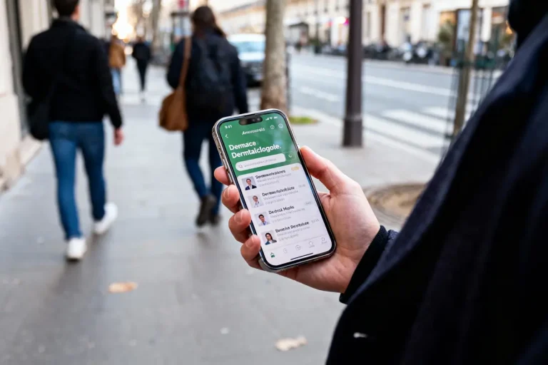 Personne tenant un smartphone affichant une application de dermatologie sur un trottoir urbain.