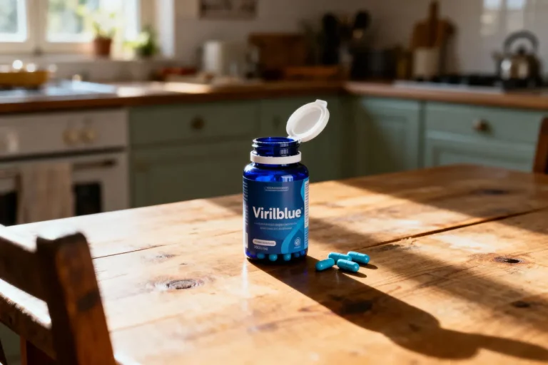 Bouteille de pilules bleues "Virilblue" ouverte sur une table en bois dans une cuisine ensoleillée.