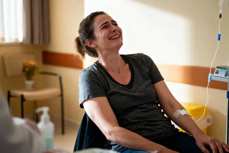 Une femme souriante, installée dans un fauteuil, recevant une perfusion dans un cadre médical, éclaire la pièce.