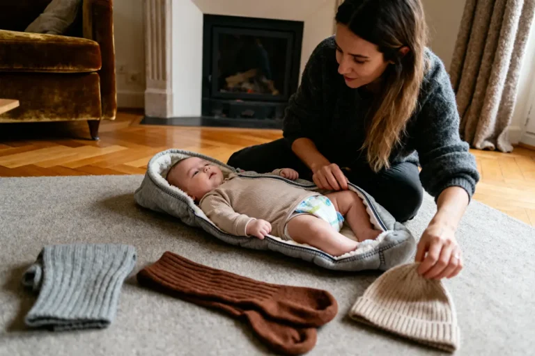 Femme habillant bébé emmailloté, vêtements d'hiver sur tapis, cheminée en arrière-plan chaleureux.