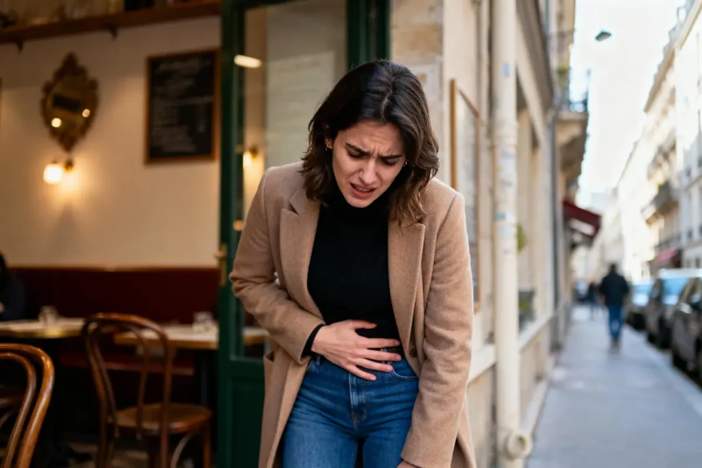Femme brune en manteau beige, douleur abdominale, devant café parisien, rue en arrière-plan, journée ensoleillée.