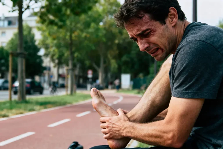 Homme assis, douleur au pied, sur piste cyclable, environnement urbain, expression de souffrance sur le visage.