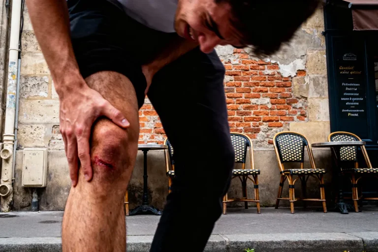 Homme tenant son genou blessé, grimace de douleur, devant café avec chaises en extérieur, mur de briques.