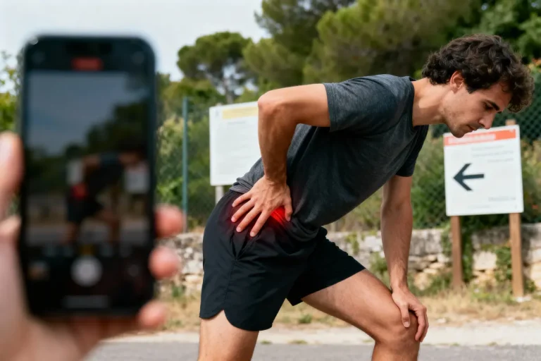 Homme en tenue de sport se tenant la hanche, douleur apparente, téléphone en avant-plan, extérieur.