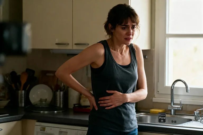 Femme inquiète en débardeur, tenant son ventre, debout dans une cuisine près d'une fenêtre.