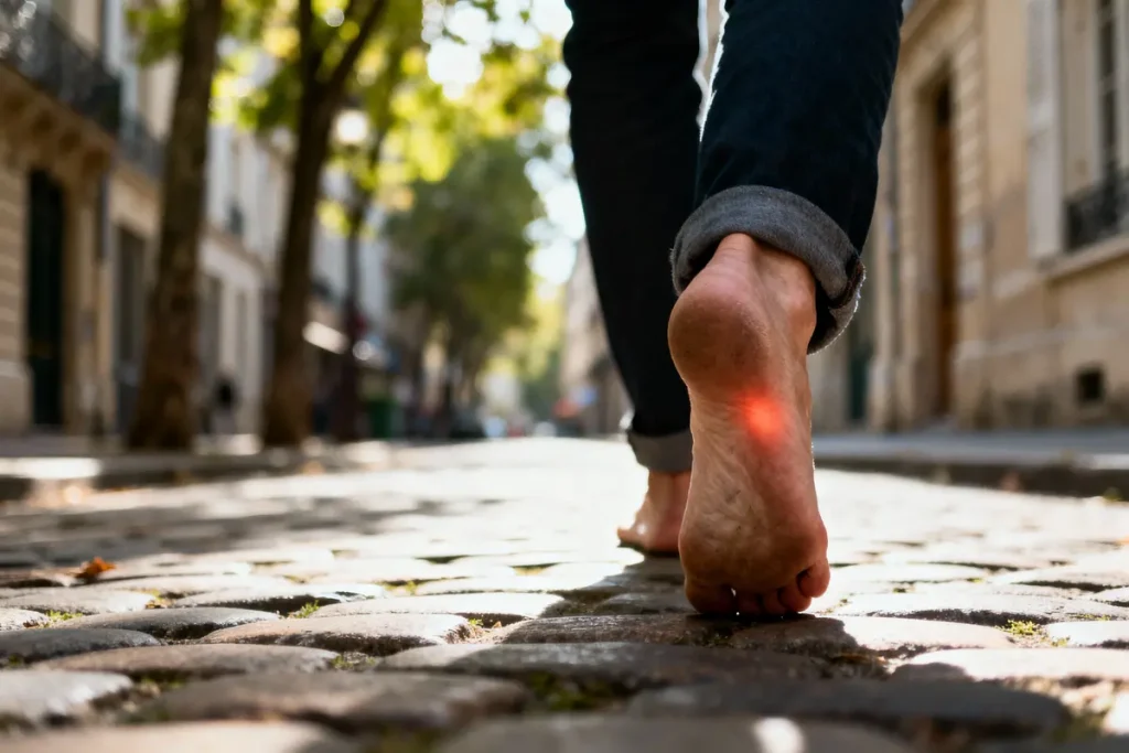 Personne marchant pieds nus sur une rue pavée, entourée d'arbres et bâtiments flous en arrière-plan.