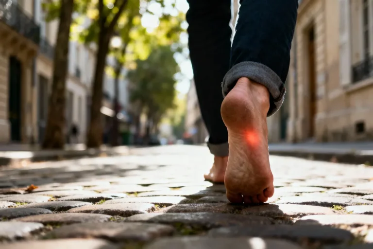 Personne marchant pieds nus sur une rue pavée, entourée d'arbres et bâtiments flous en arrière-plan.
