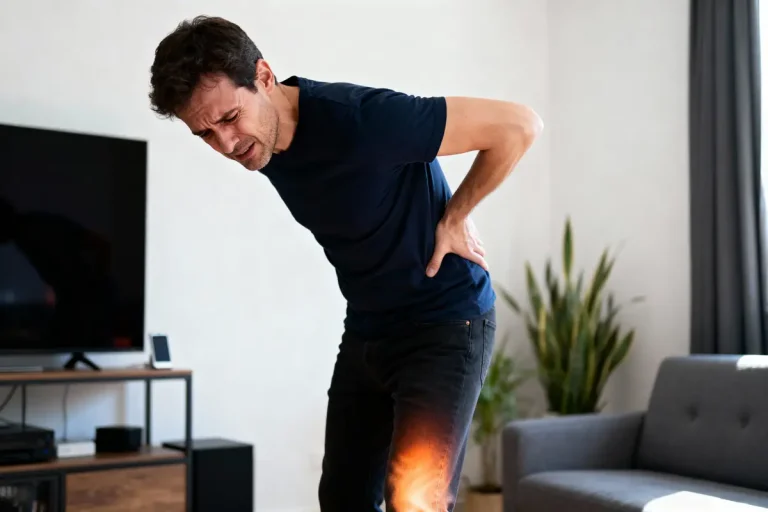 Homme souffrant de douleur au bas du dos dans un salon moderne, près d'un canapé et d'une télévision.