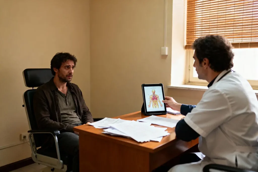 Un médecin montre un schéma anatomique à un patient assis, dans un cabinet médical austère.