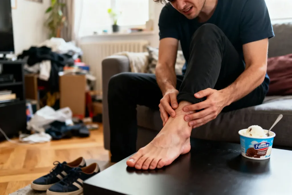Homme sur canapé se tenant la cheville, pot de glace sur table, intérieur désordonné en arrière-plan.