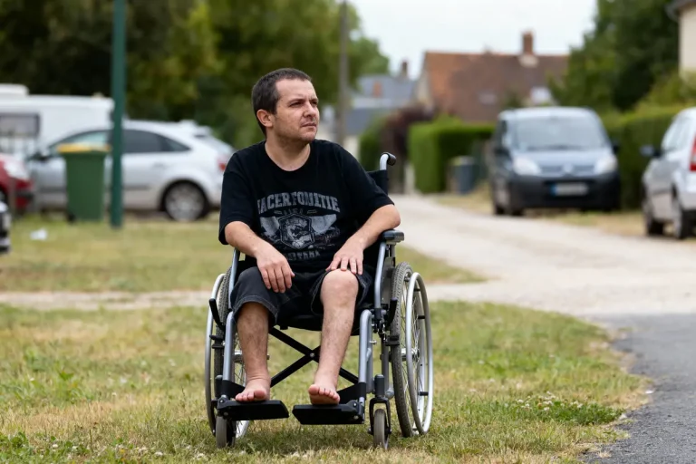 Personne en fauteuil roulant sur une route, avec voitures et végétation en arrière-plan. Journée ensoleillée.