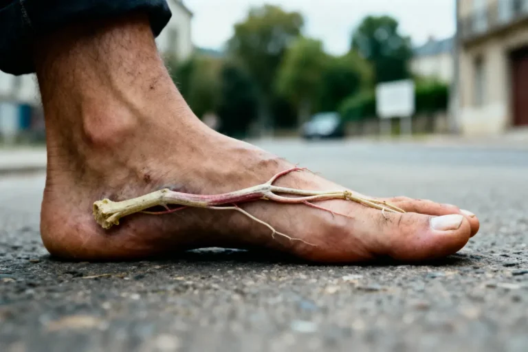 Pied nu avec branche ressemblant à un os sur le dessus, sur une route en arrière-plan flou.