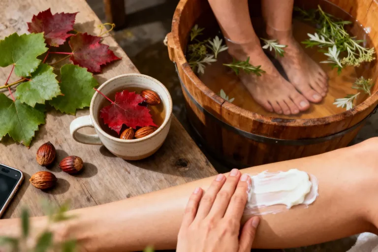 Bains de pieds dans un seau, crème appliquée sur jambe, feuilles, et tasse de thé avec amandes.