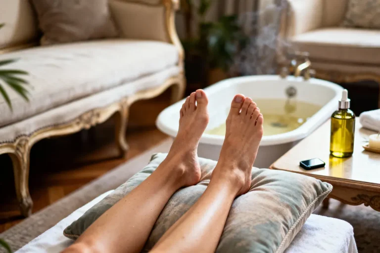 Pieds reposant sur coussin, bain de pieds, bouteille d'huile, et serviette, ambiance détente spa à domicile.