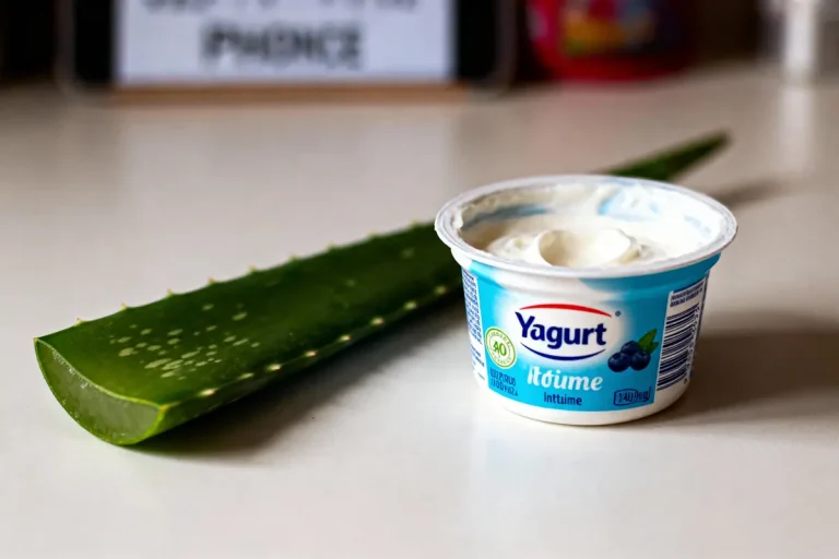 Pot de yaourt bleu sur une table, accompagné d'une feuille d'aloe vera fraîche.
