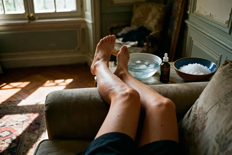 Jambes étendues sur canapé, bol avec glace, bouteille de gouttes et sel. Intérieur lumineux, ambiance relaxante.
