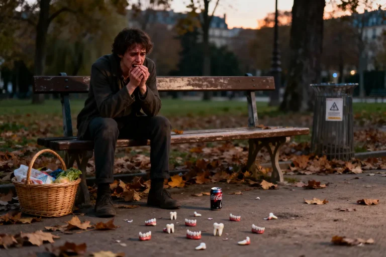 Une personne assise sur un banc, entourée de feuilles, avec fausses dents et canette de soda.